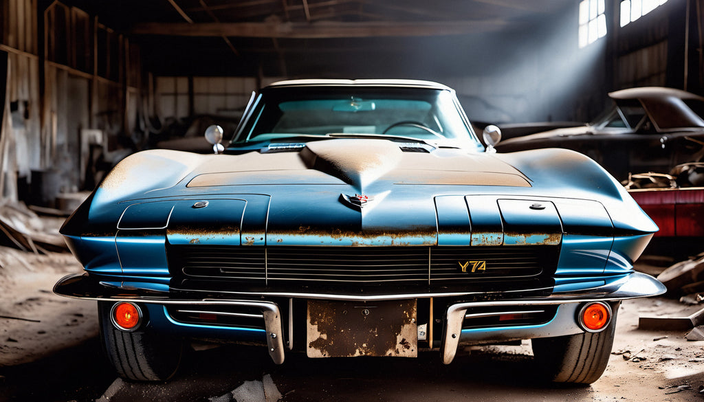 Dusty rusty 1967 Corvette in old auto repair shop